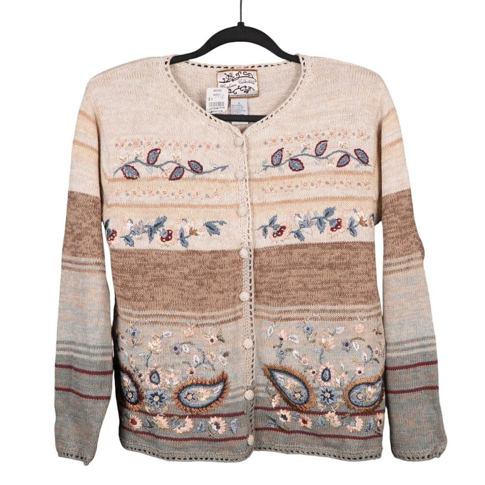 90s Cardigan Sweater S Women MomCore Beige Paisley Floral Boho Cottagecore Indie